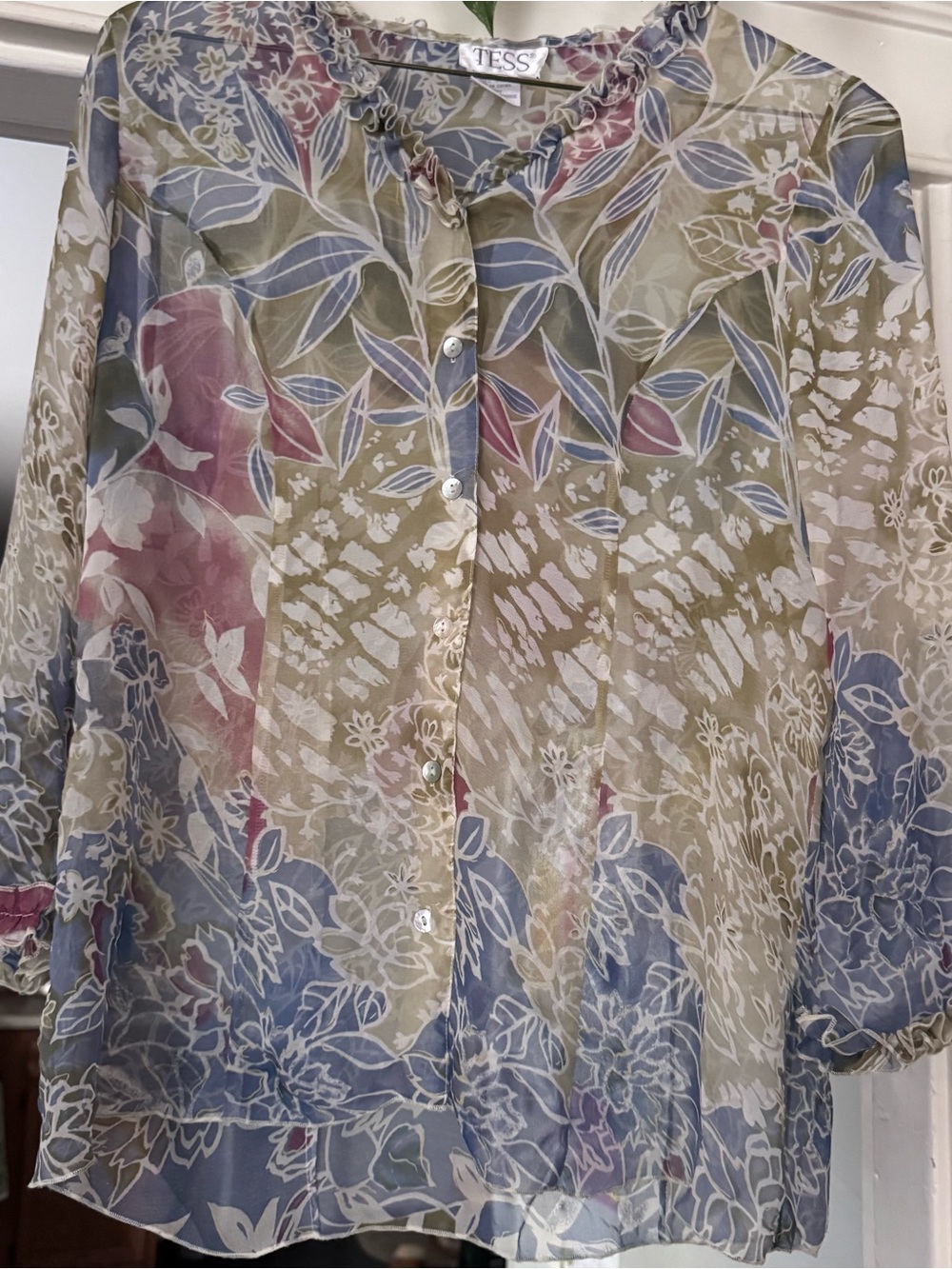 Vintage y2k 90s Tess sheer silk blouse floral pink cream ruffle 3/4 sleeve
